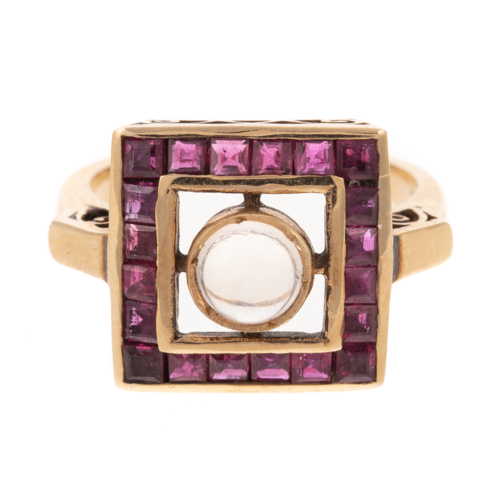 Appraisal: A SQUARE RUBY MOONSTONE RING IN K K yellow gold