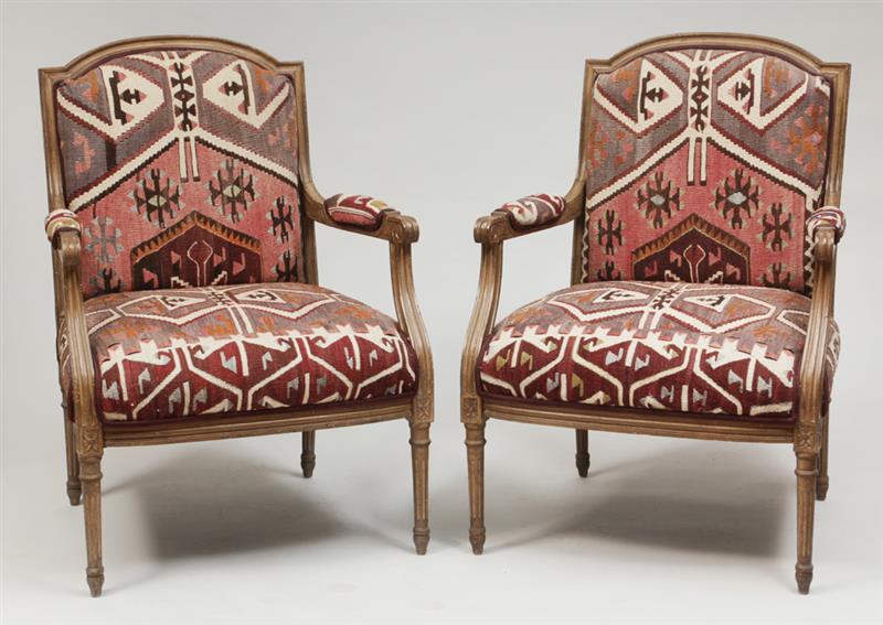 Appraisal: Pair of Louis XVI Style Carved and Stained Fauteuils La