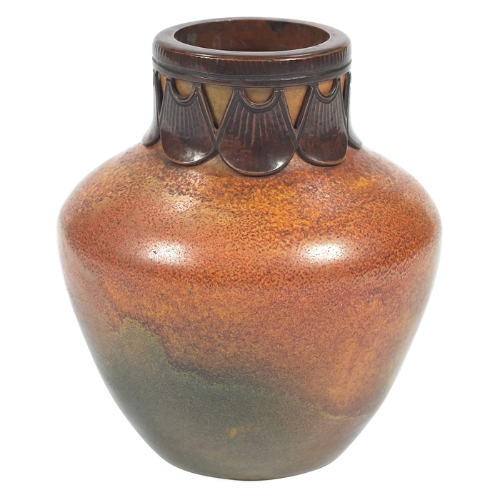 Appraisal: Peter Ipsen vase Denmark multi-hued brown glaze applied copper design