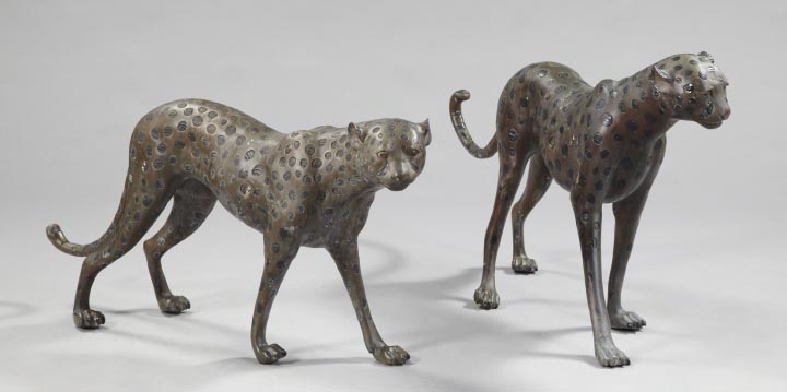 Appraisal: Pair of Art Deco-Style Cast Bronze Sculptures of Leopards h