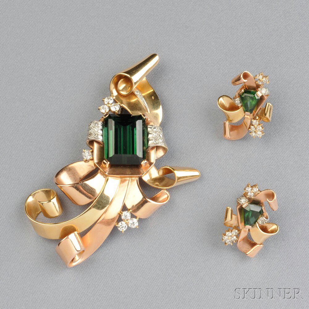 Appraisal: Retro kt Bicolor Gold Green Tourmaline and Diamond Suite comprising