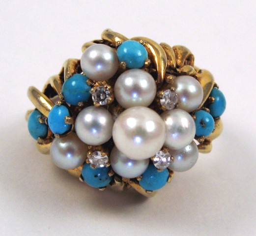 Appraisal: PEARL TURQUOISE AND DIAMOND RING The k gold band is