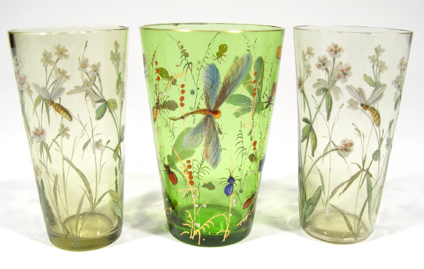 Appraisal: Three green glass beakers enamelled with dragonflies and insects each