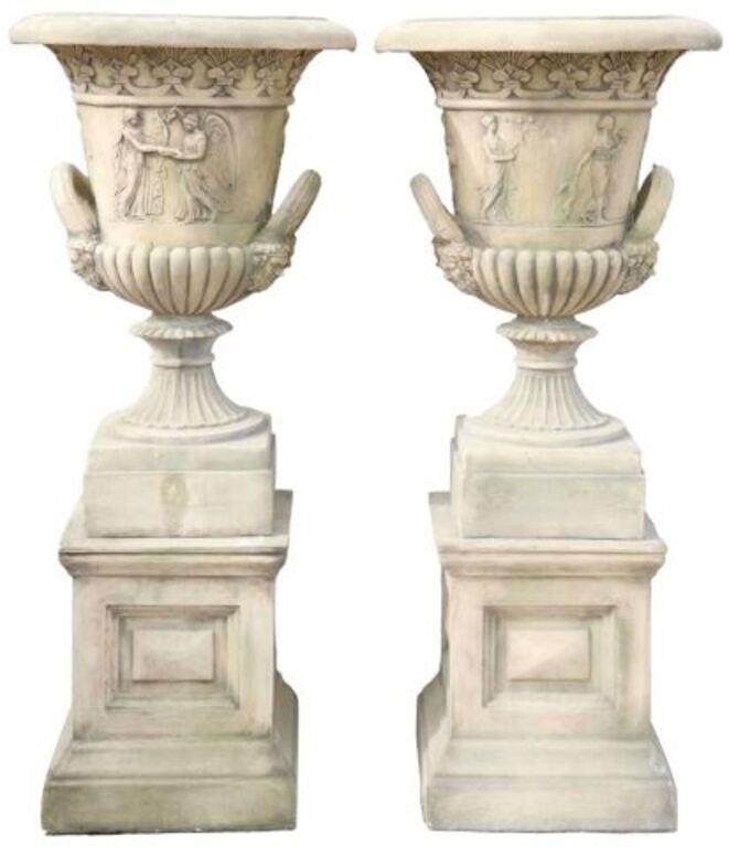 Appraisal: pair Large cast stone campana-form urns on plinths th c