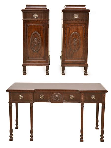 Appraisal: A REGENCY STYLE MAHOGANY SIDEBOARD WITH TWO MATCHING SIDE CABINETS