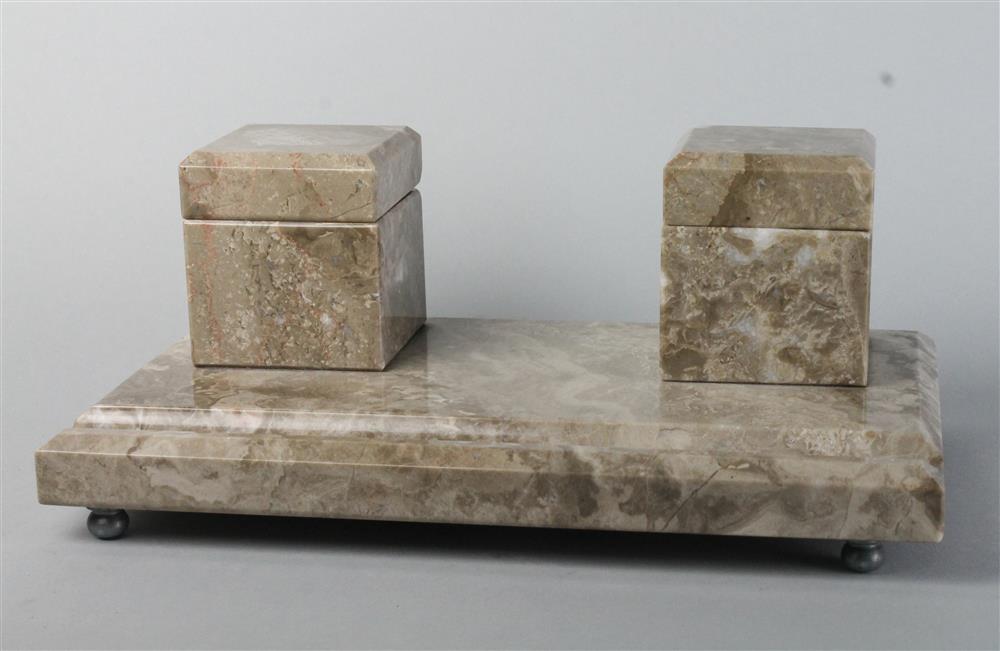 Appraisal: CONTINENTAL MARBLE INKSTAND rectangular with two fixed square covered ink