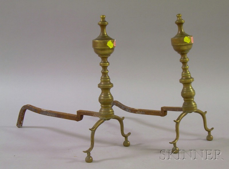 Appraisal: Pair of Brass Ring-Turned Andirons seamed construction ht in