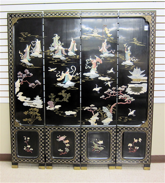 Appraisal: CHINESE MING-STYLE FLOOR SCREEN having four black lacquer panels decorated