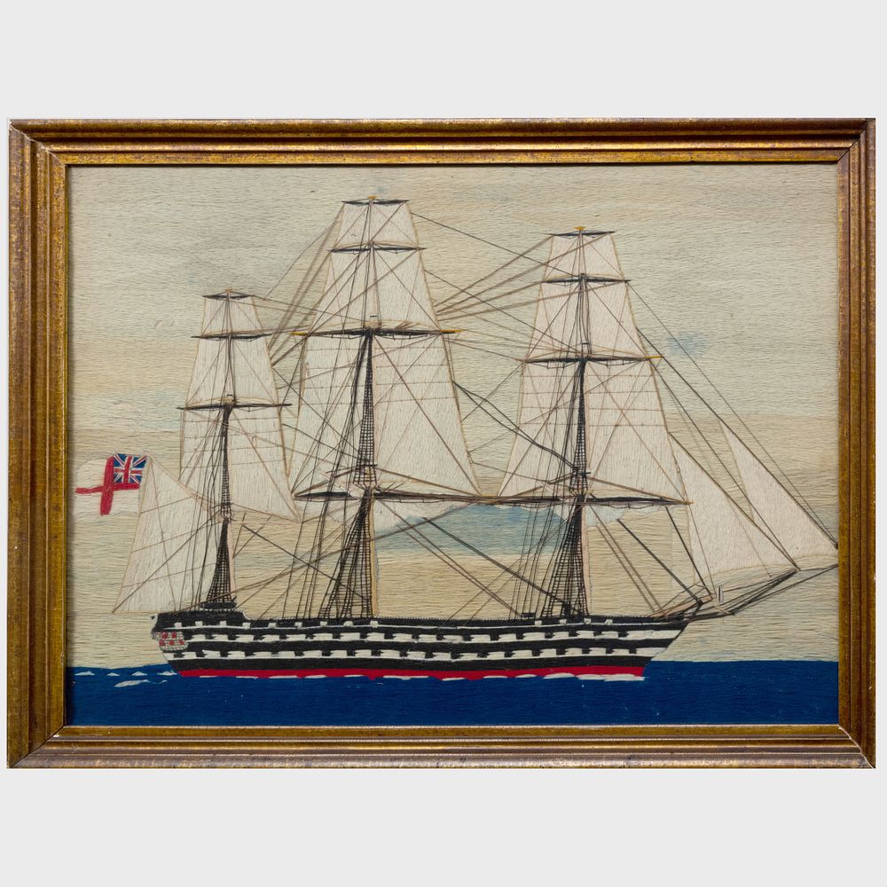 Appraisal: English Woolwork Picture of a Battleship x in framed Property