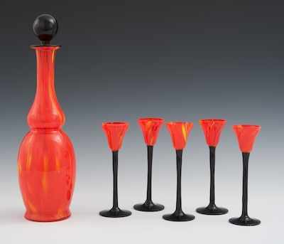 Appraisal: Orange Black Glass Decanter Cordial Set Blown glass service with