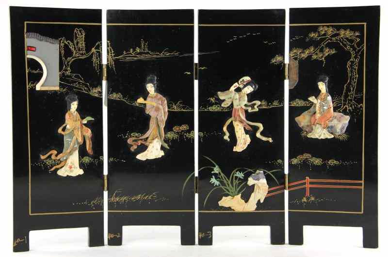 Appraisal: Decorative Asian Table Screenfour panels black lacquered with decoration in