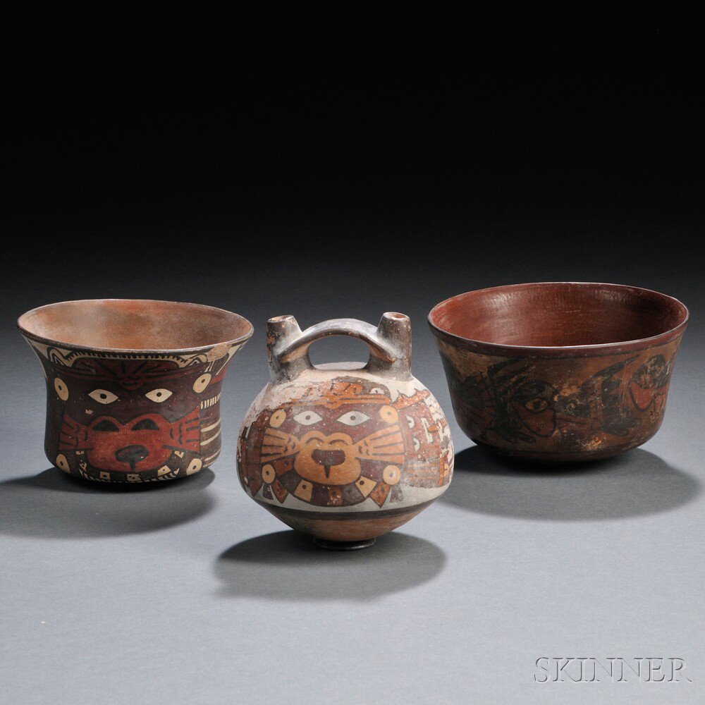 Appraisal: Three Nasca Polychrome Pottery Vessels two with abstract deities and