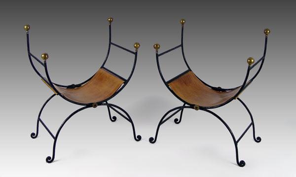 Appraisal: PAIR IRON FOLDING SAVARONOLA CHAIRS Leather brass and iron ''