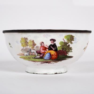 Appraisal: A white enamel sugar bowl English circa painted with Arcadian