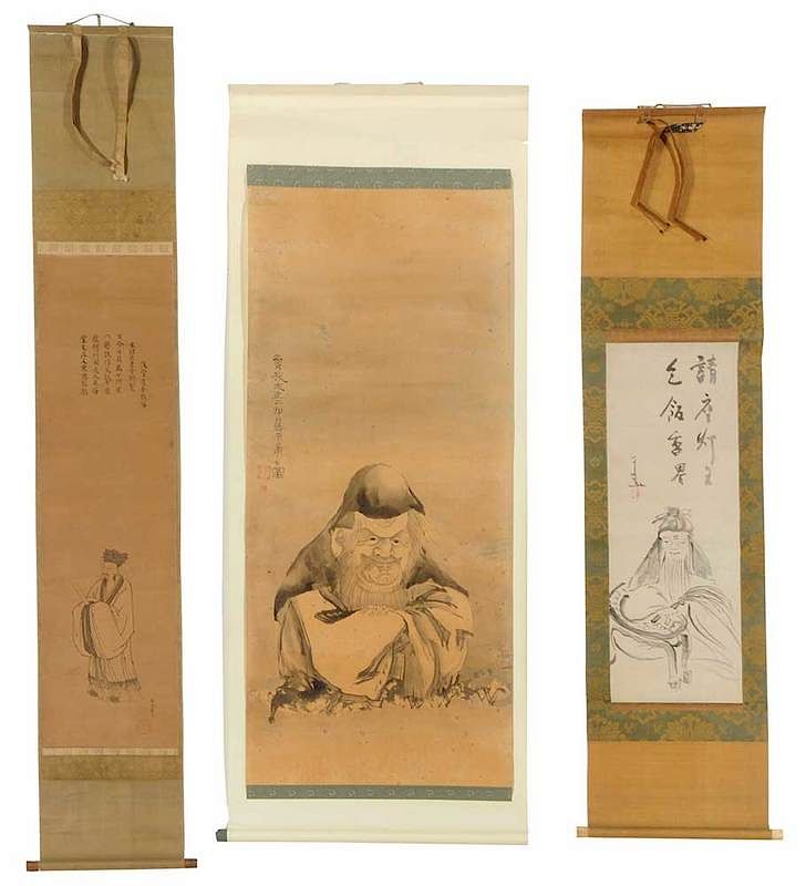 Appraisal: Three Japanese Scrolls with Figures After Soga Shohaku - Fukurkuji