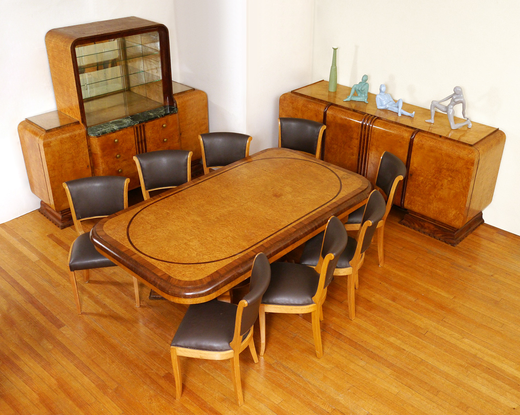 Appraisal: ENGLISH DECO BURL WALNUT DINING ROOM SET pieces to include