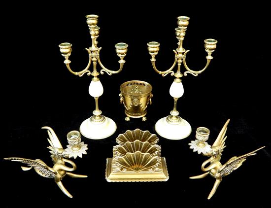 Appraisal: Brass accessories six pieces pair of four light candelabra with