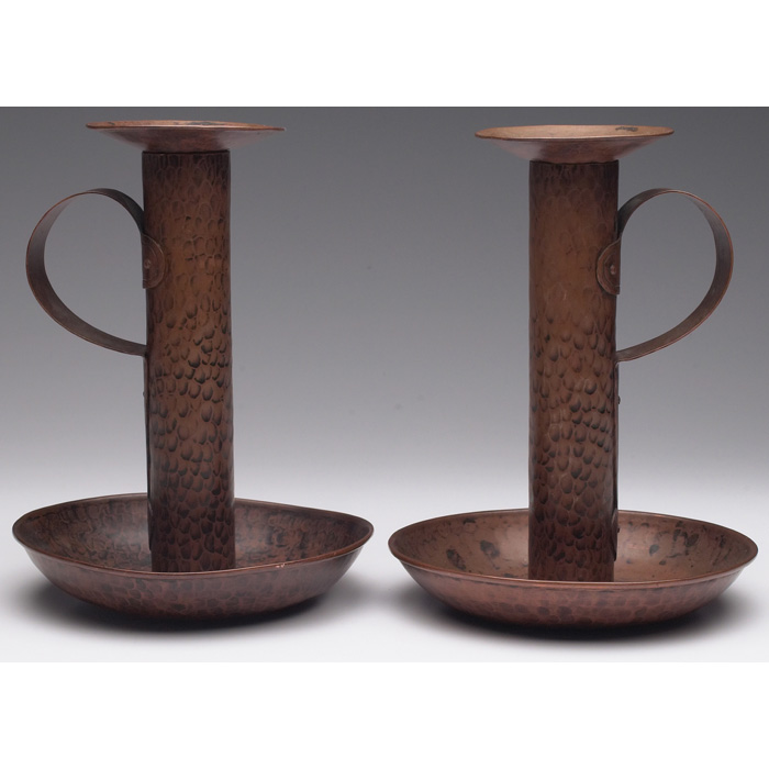 Appraisal: Gustav Stickley chamber sticks pair large form in hammered copper