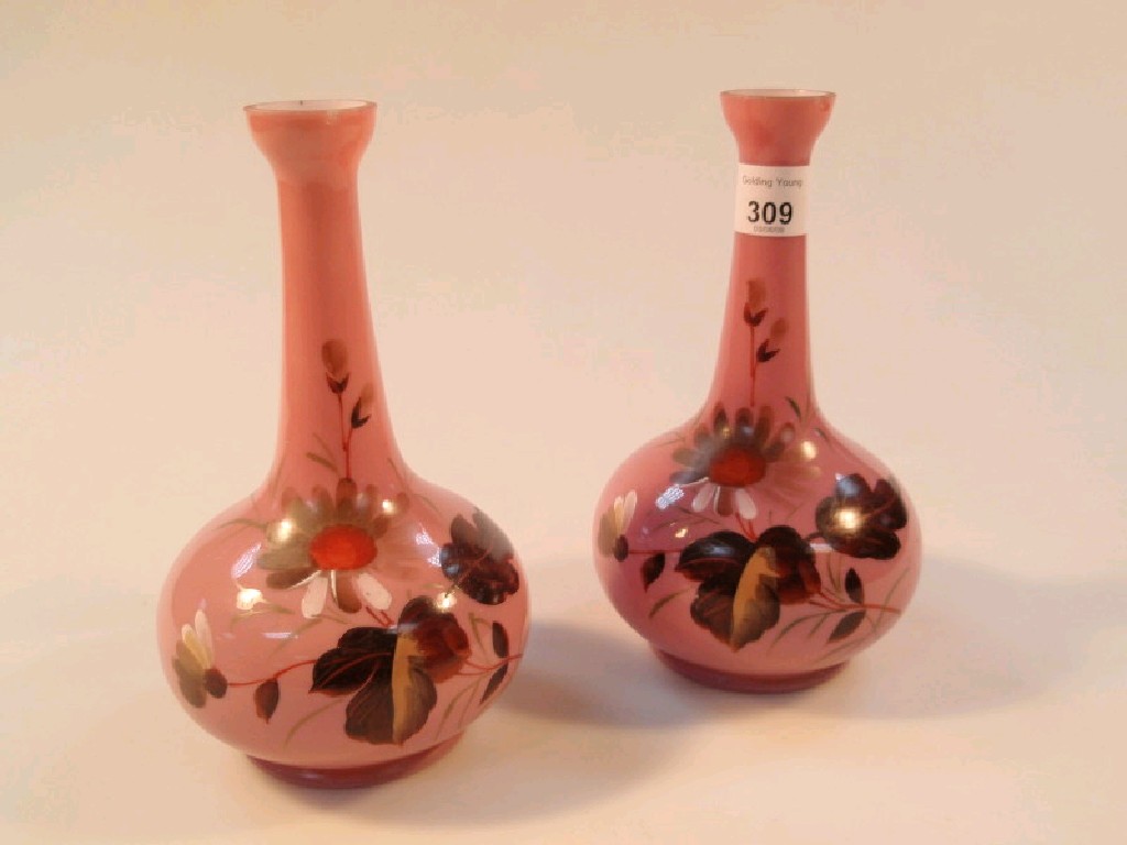 Appraisal: A pair of late Victorian pink glass bottle glasses painted