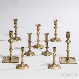 Appraisal: Nine Mostly English Brass Candlesticks th century ht to in