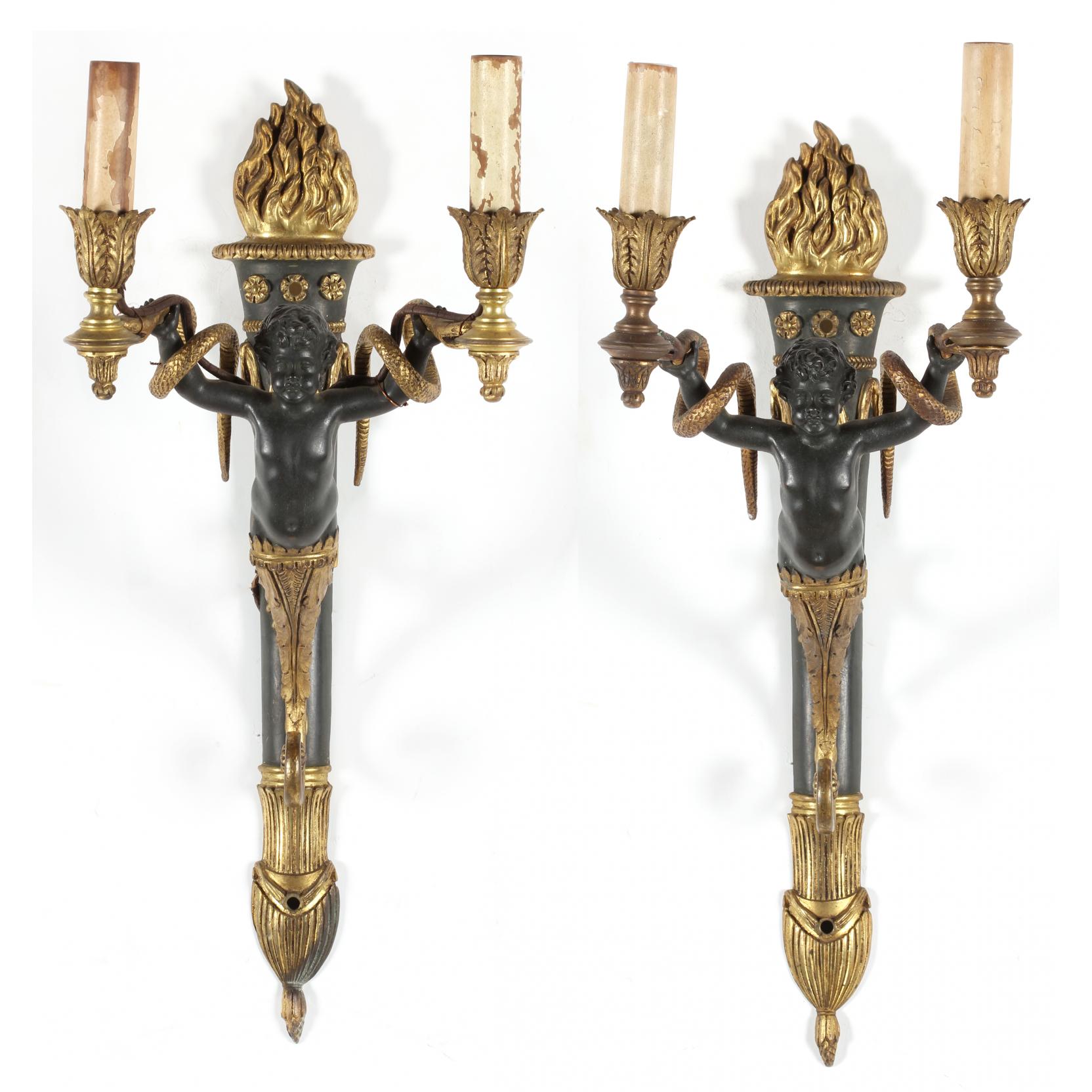 Appraisal: Pair of French Empire Style Wall Sconces th century patinated