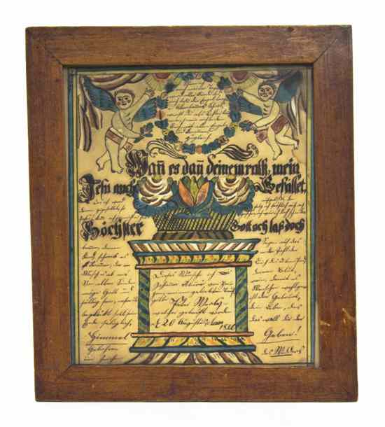 Appraisal: A Hand-Colored Pennsylvania Dutch Fraktur with manuscript text framed by