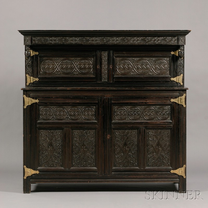 Appraisal: Jacobean-style Carved and Ebonized Oak Court Cupboard early th century