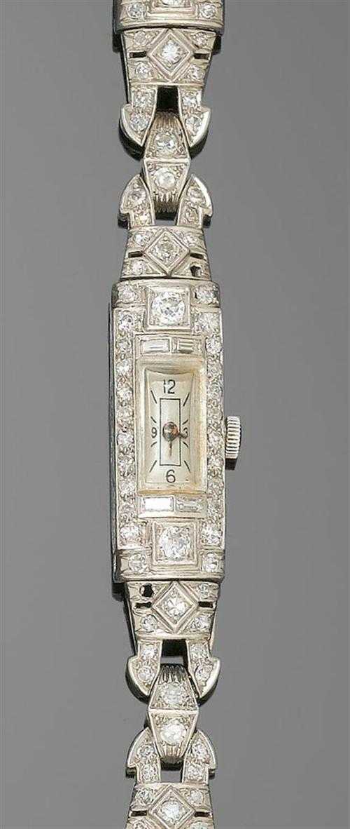 Appraisal: DIAMOND LADY'S WRISTWATCH France Art D co Platinum Rectangular case