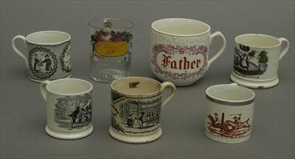 Appraisal: Five English Transfer-Printed Earthenware Cups Together with an enameled glass