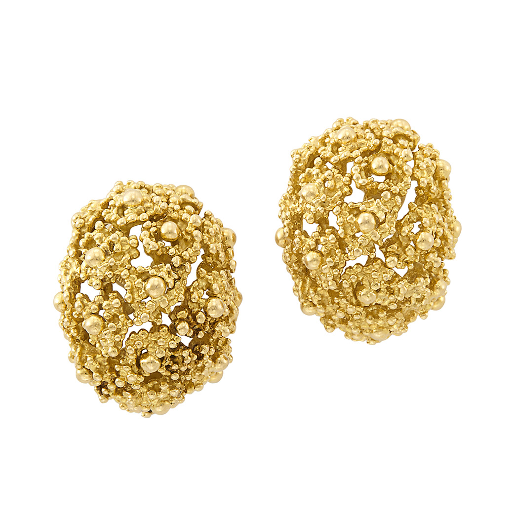 Appraisal: Pair of Gold 'Grains de Caviar' Earclips Boucheron Paris kt