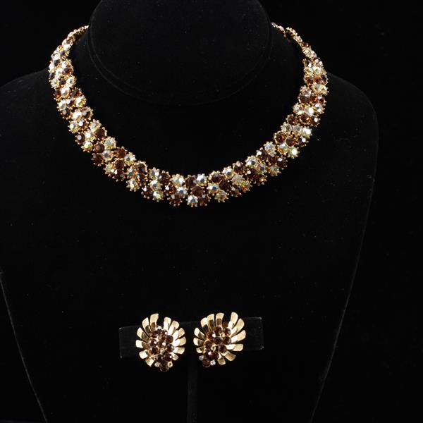 Appraisal: Trifari pc Amber Colored Rhinestone Set Necklace Floral Starburst Clip