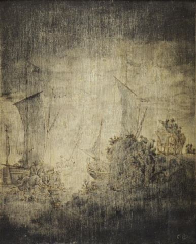 Appraisal: Attributed to Cornelis Boumeester Ink and Oilon Wood Panel Ships