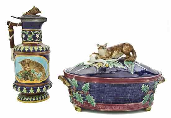 Appraisal: Two Majolica Articles comprising a covered entree with a fox