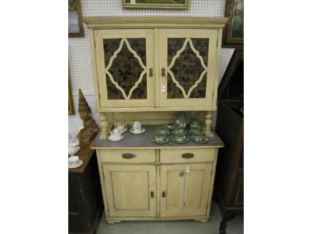 Appraisal: European Painted Pine Cupboard glass doors at top drawers and