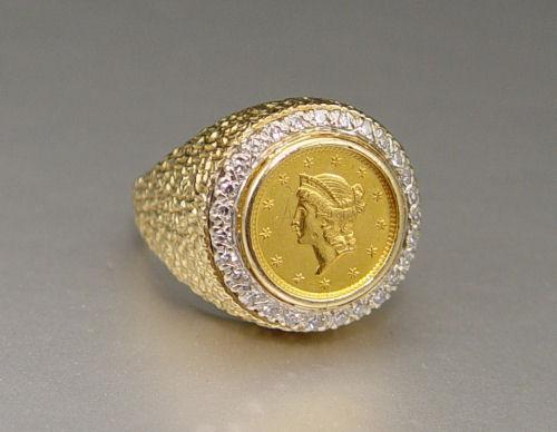 Appraisal: GOLD COIN AND DIAMOND RING K yellow gold ring contains