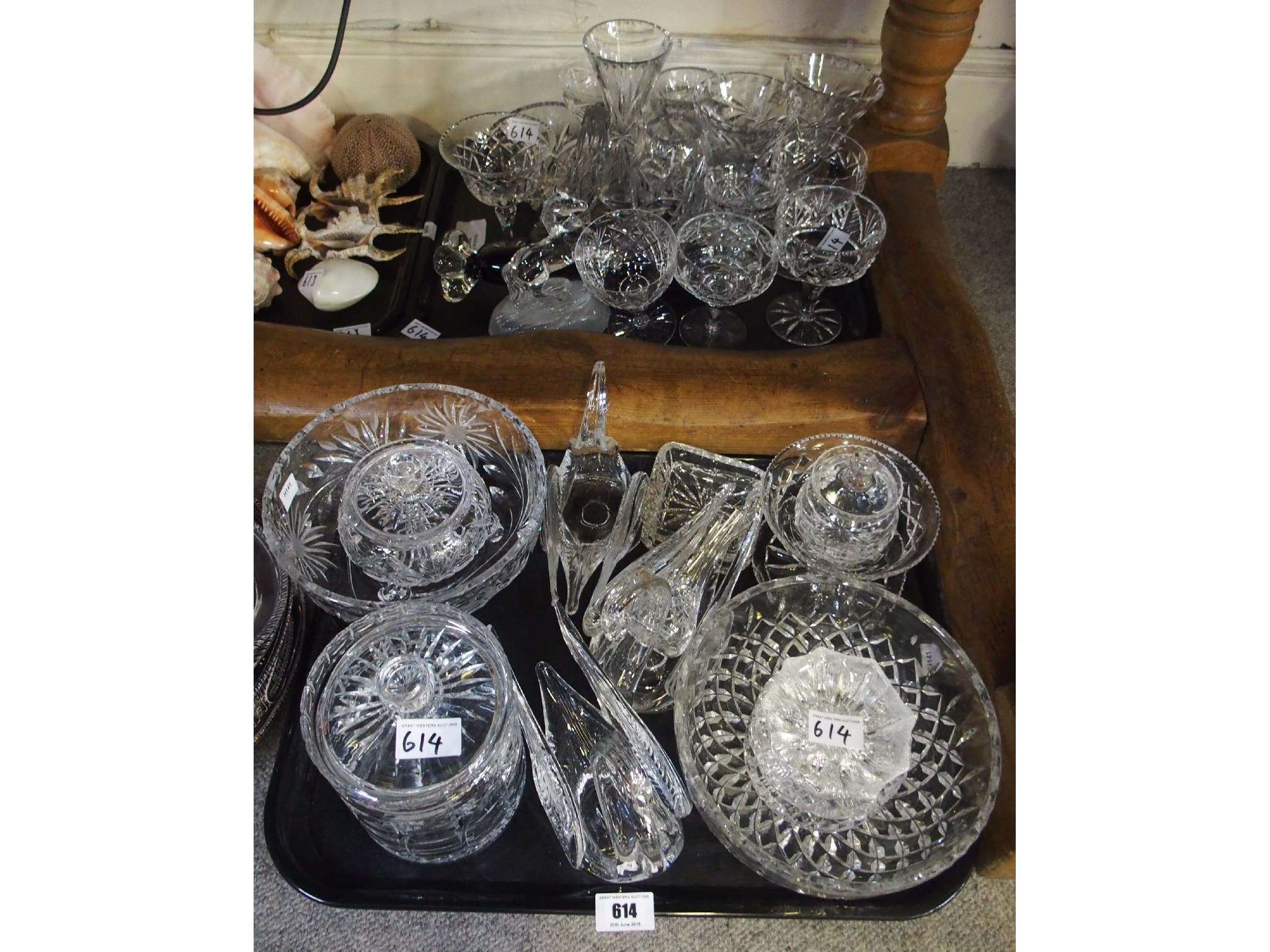 Appraisal: Two trays comprising various glasswares including wine stems bowls three