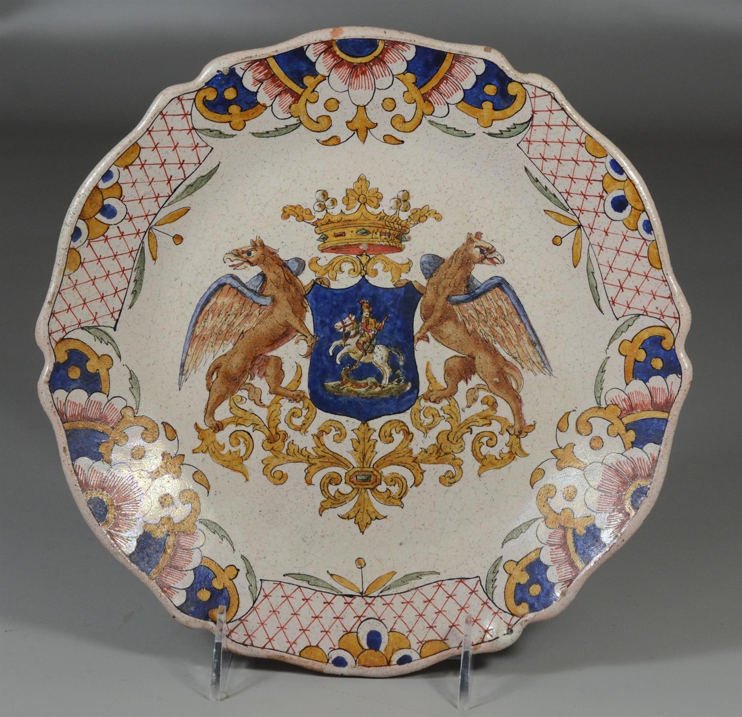 Appraisal: Continental armorial faience enameled plate marked to back MC d