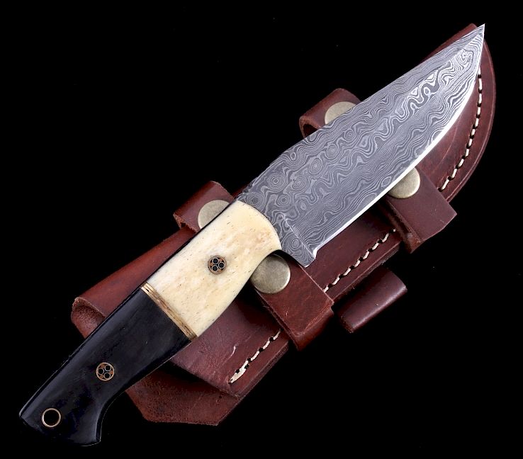 Appraisal: CFK Damascus Exotic Camel Bone Inlaid Horn Knife This is