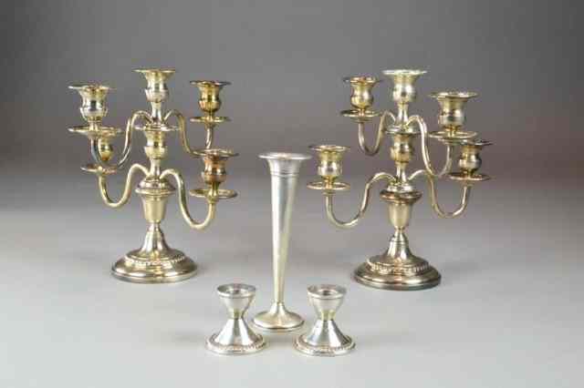 Appraisal: PCS VARIOUS SILVER CANDLEHOLDERS VASEIncluding pair '' h weighted sterling