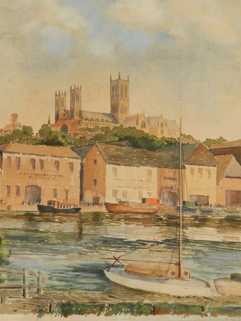 Appraisal: Stuart W Cowan thC Lincoln Cathedral from the Brayford watercolour