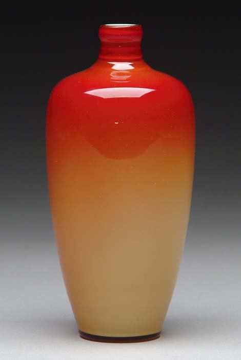 Appraisal: WHEELING PEACH BLOW MORGAN VASE Fuchsia shading to amber with