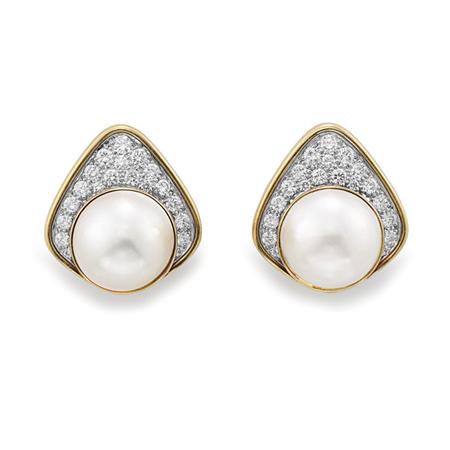 Appraisal: Pair of Gold Mabe Pearl and Diamond Earclips Estimate -