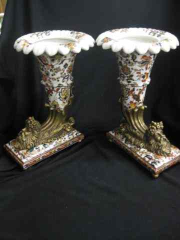 Appraisal: Pair of Decorative Cornucopia Vases pottery with ornate bronze mounts