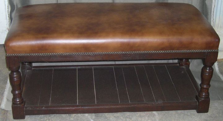 Appraisal: English Oak and Faux Leather-Upholstered Bench the padded rectangular top