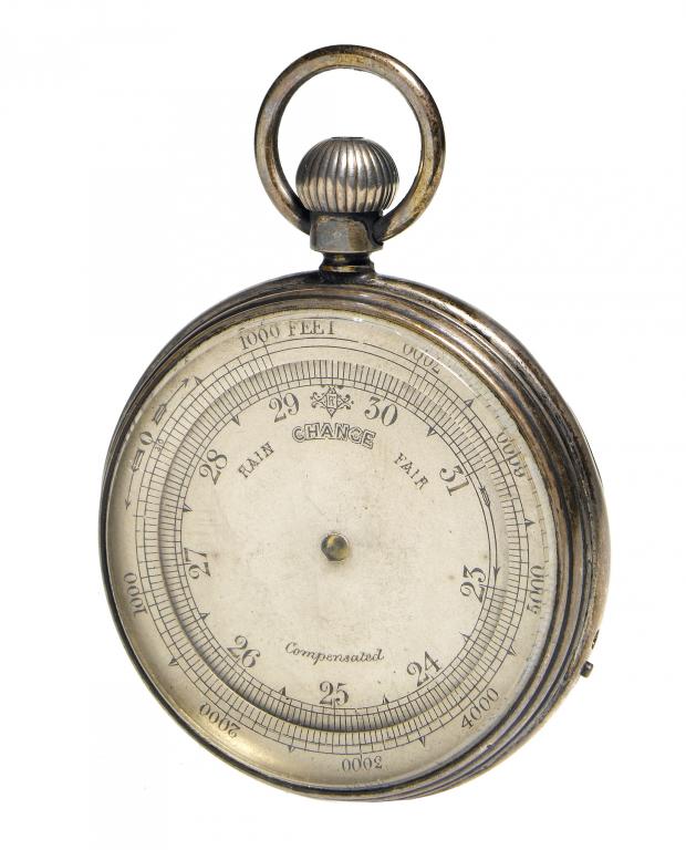 Appraisal: AN ENGLISH SILVER POCKET BAROMETER of watch type with silvered