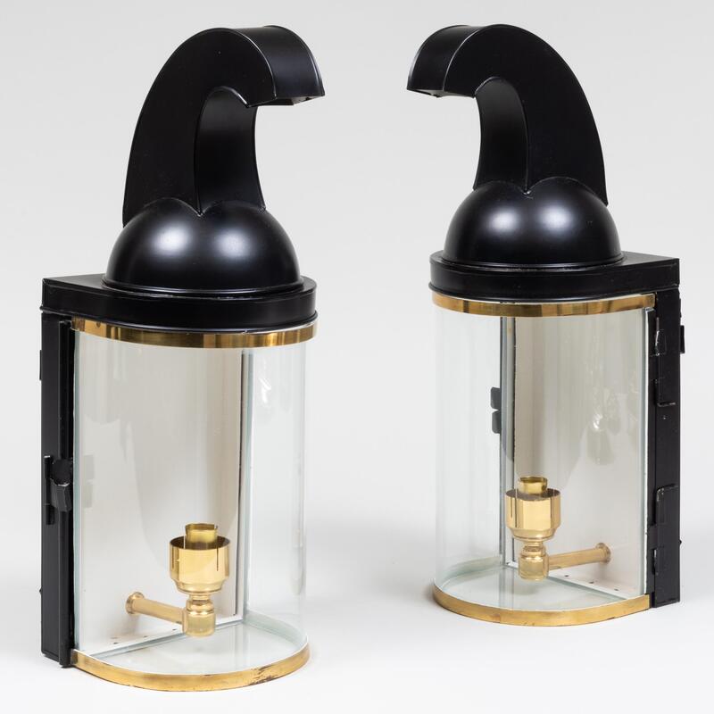 Appraisal: Pair of Brass-Mounted Black T le and Glass Sconces of