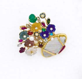 Appraisal: GOLD FLOWER BASKET BROOCH Flower basket brooch with carved opal