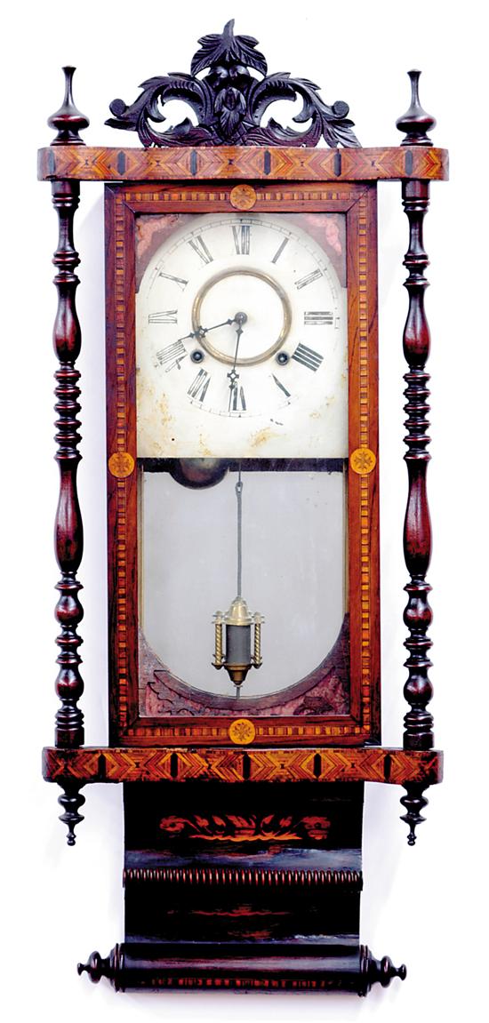 Appraisal: Anglo-American inlaid wall clock circa carved crest and finials over