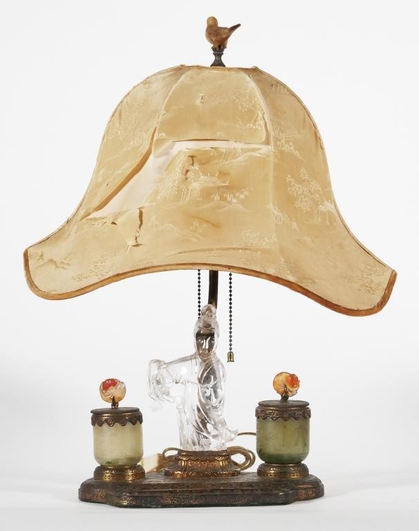 Appraisal: Lamp with round hardstone containers and carved rock crystal Buddha