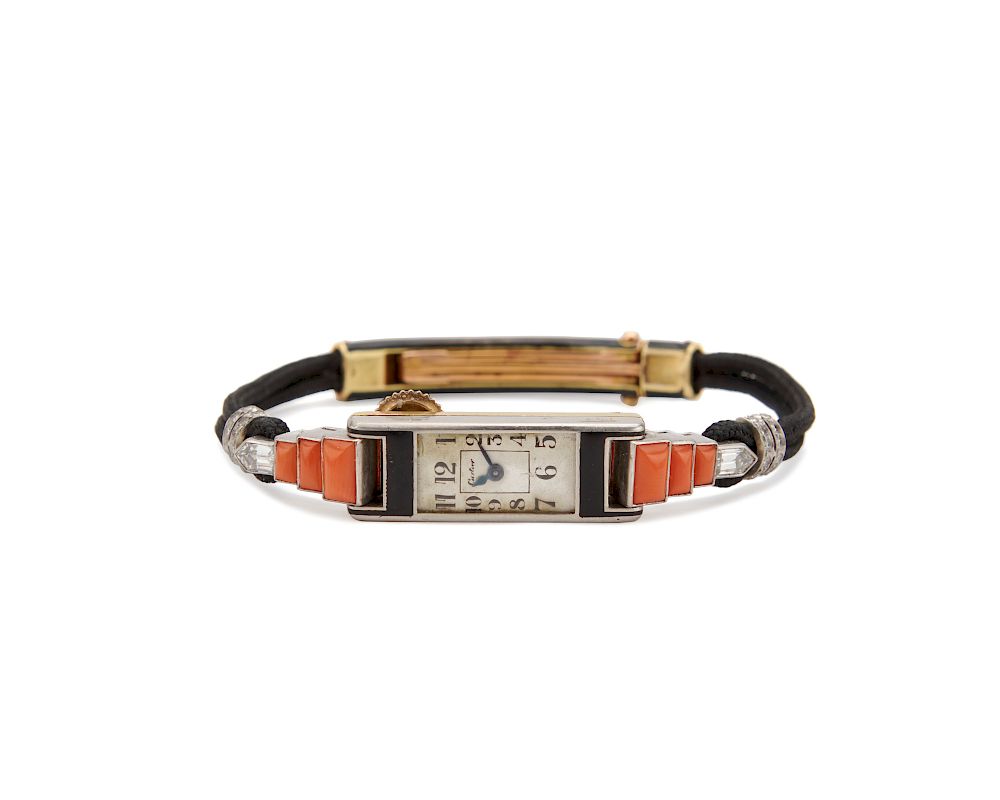 Appraisal: CARTIER Platinum Gold Coral Diamond and Enamel Wristwatch CARTIER Platinum